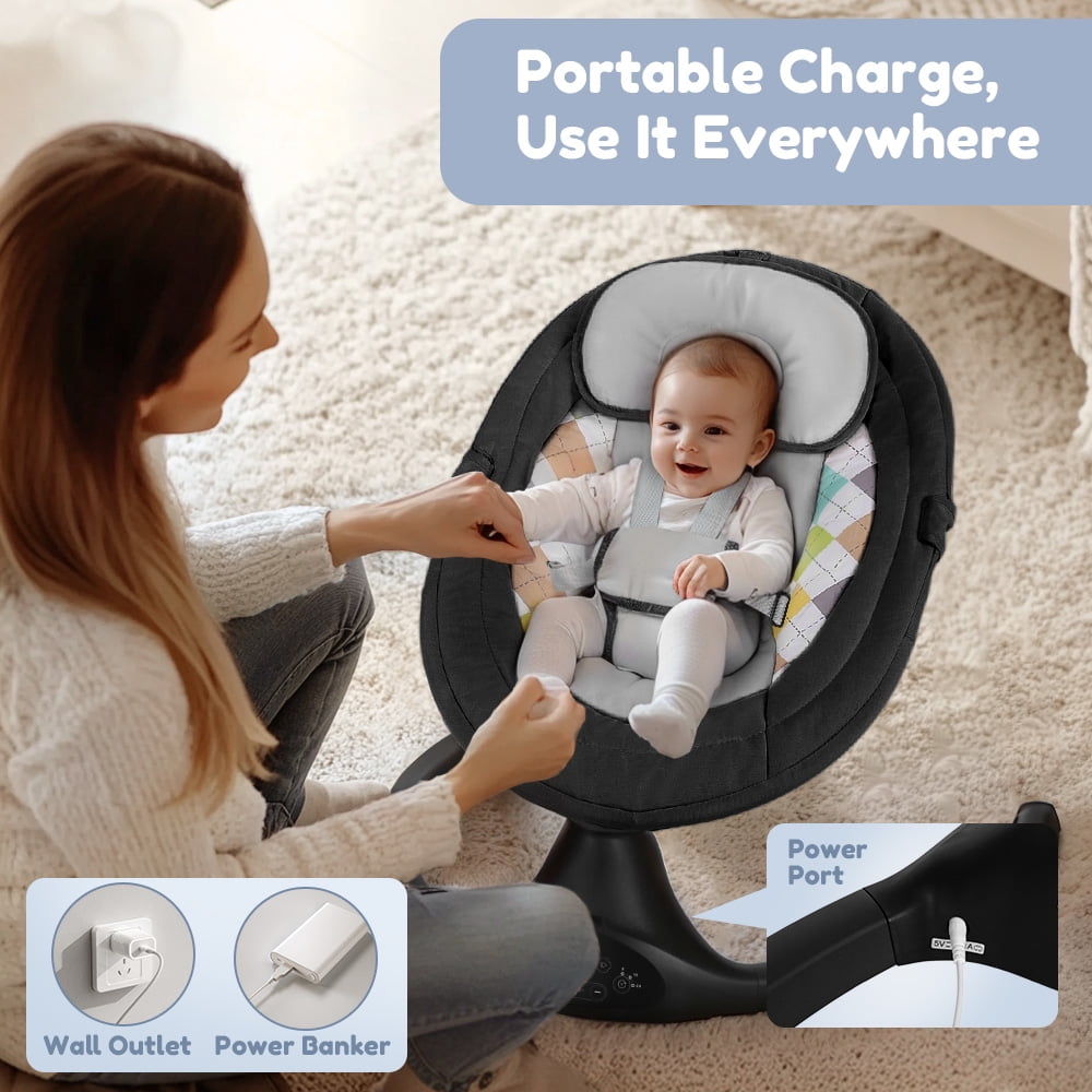 Electric Baby Swing, Caveen Infant Swing Rocker with Remote Control, 5 Sway Speeds, Bluetooth Music, Black