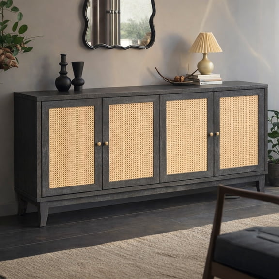 GOMYHOME 59" Mid-Century Modern Rattan TV Stand for TVs up to 65", Walnut Media Console