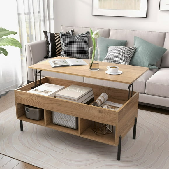 Costway Mesa de Centro con Tablero Elevable Mesa de Cóctel con Patas de Metal Natural 100 x 50 x 45 cm