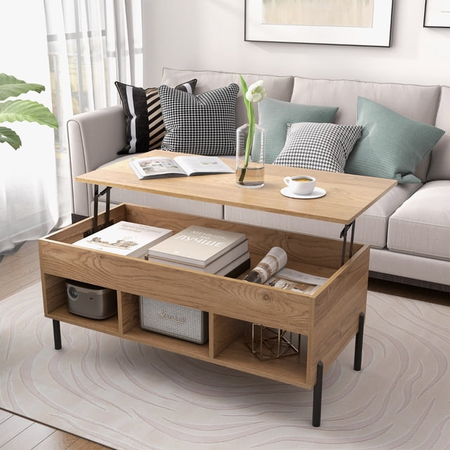 Costway Mesa de Centro con Tablero Elevable Mesa de Cóctel con Patas de Metal Natural 100 x 50 x 45 cm