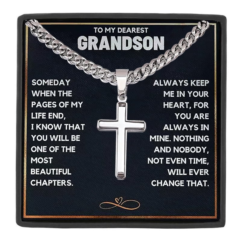 MASALADI To My Dearest Grandson Cross Necklace, Stainless Steel Cuban Chain Jewelry Gift for Birthday Graduation Christmas
