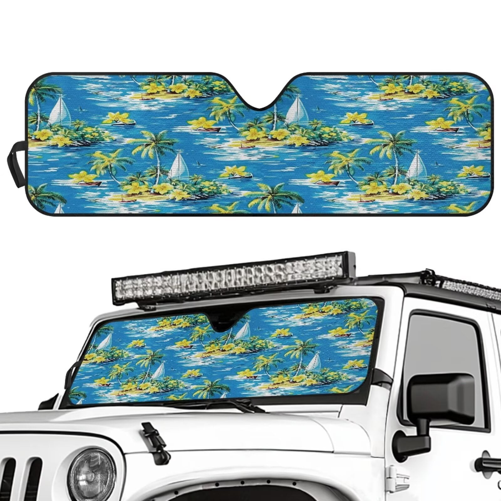 Uorisanigo Foldable Windshield Sun Shade Hawaiian Sailboat Print Sunshade Front Window Shield Fit for Jeep Wrangler JL 2/4 Door & 2024 2025 Jeep Wrangler 4XE ,Keep Car Interior Cooler