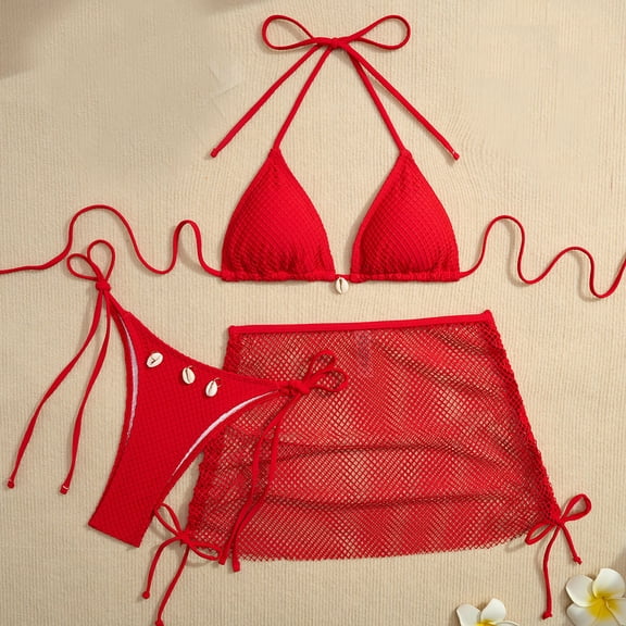 Guieoi Swimsuit Women Plus Size Bikini Swimwear 3-Piece Set: Halter-Neck Triangle Top, Tie-Side Triangle Bottoms, Mesh Skirt Cover-Up Red S