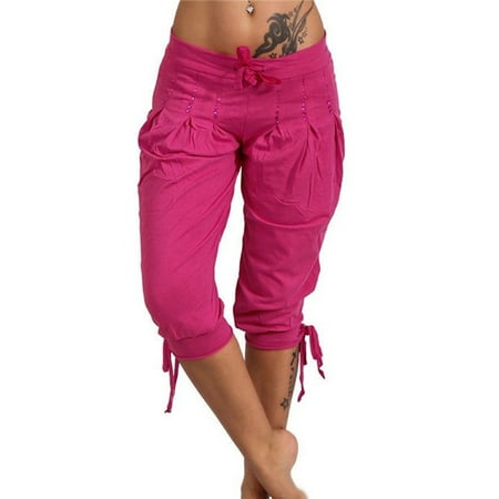 

Sijiali Plus Size Casual Women s Solid Color Sequined Pleated Drawstring Capri Pants