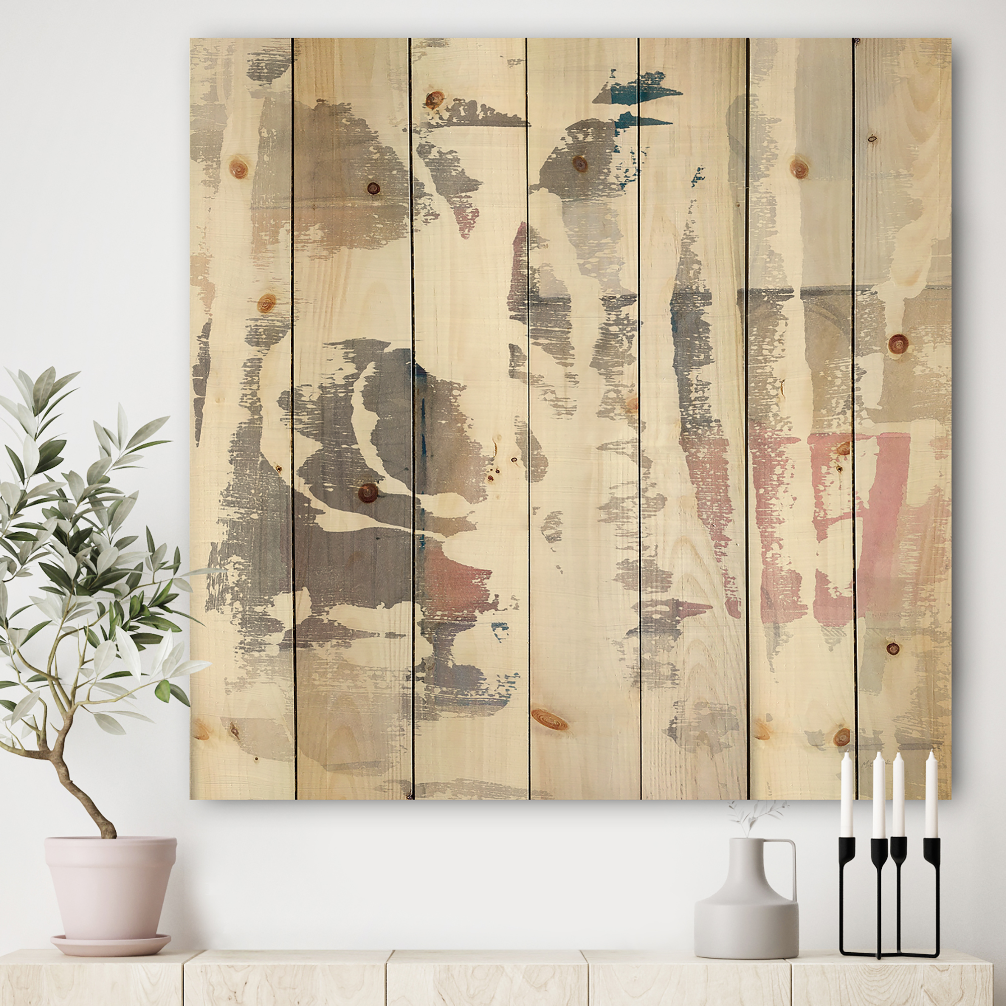 Designart 'White Out Geometric' Modern & Contemporary Print on Natural Pine Wood