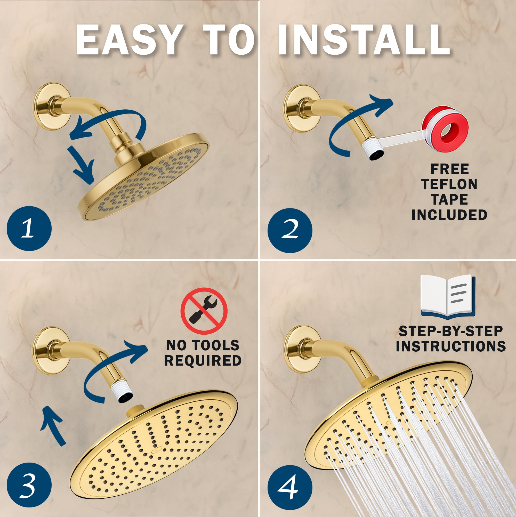 Aqua Elegante Waterfall Shower Head for High Flow Rain Showers - 2.5 GPM - Polished Brass