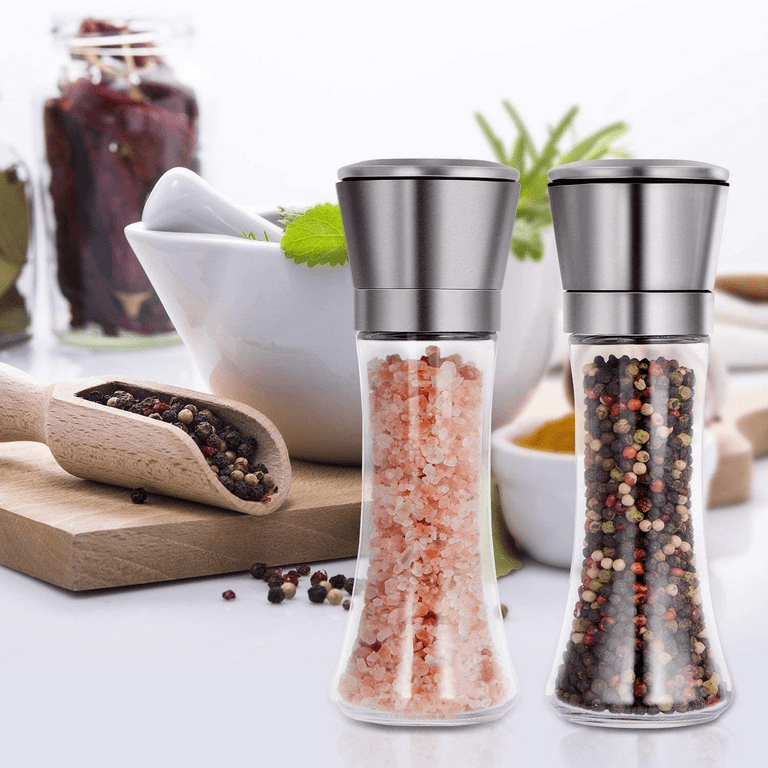 Hotder Premium Pepper and Salt Grinder Set of 2-Refillable Coarseness  Adjustable Pepper Mill Shaker with Glass Body for Home,Kitchen(Two Pack)