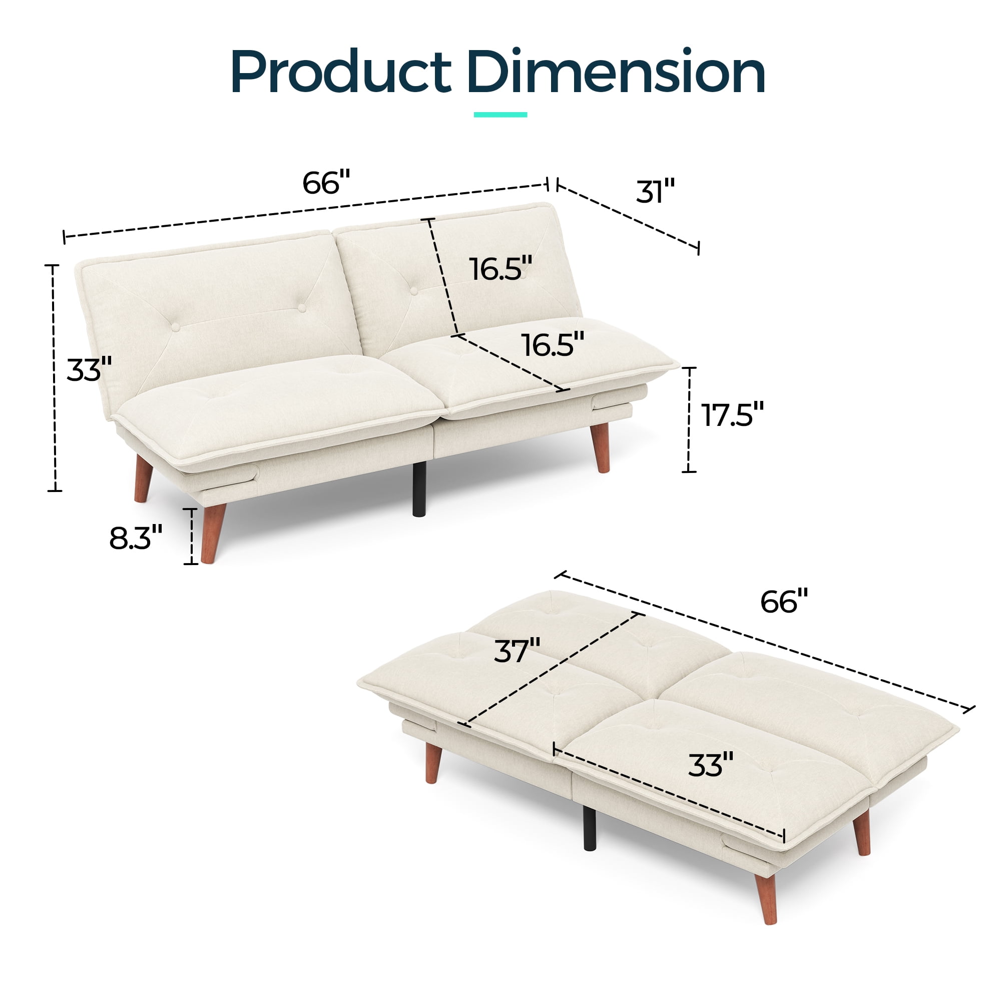 LINSY HOME Futon Sofa Bed , Loveseat Sofa Bed with Adjustable Armrests for Apartment, Small Living Place, Beige