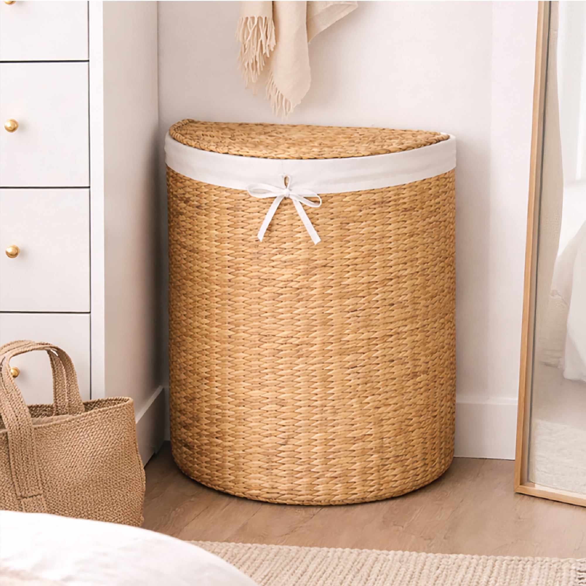 Best Choice Products Half Moon Laundry Hamper w/ Lid, Half Round Laundry Basket, w/ Removable Liner & Handles - Natural