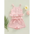 thumbnail image 3 of Bagilaanoe Newborn Baby Girls Summer OutfitS Button Ruffle Plaid Camisole Tops and Casual Shorts with Belt 3M 6M 9M 12M 18M Set, 3 of 9
