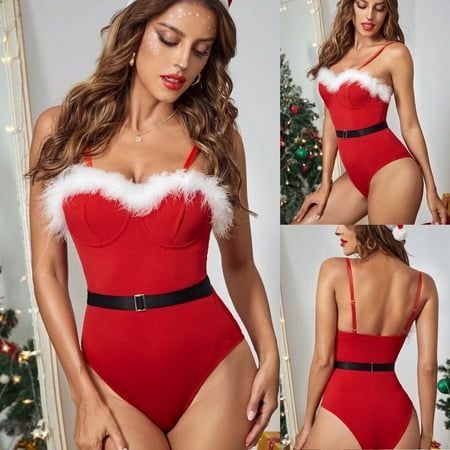 

Roliyen Women Sleepwear Set Women Christmas Leather Furs Stitching One-Piece Wool Underwear