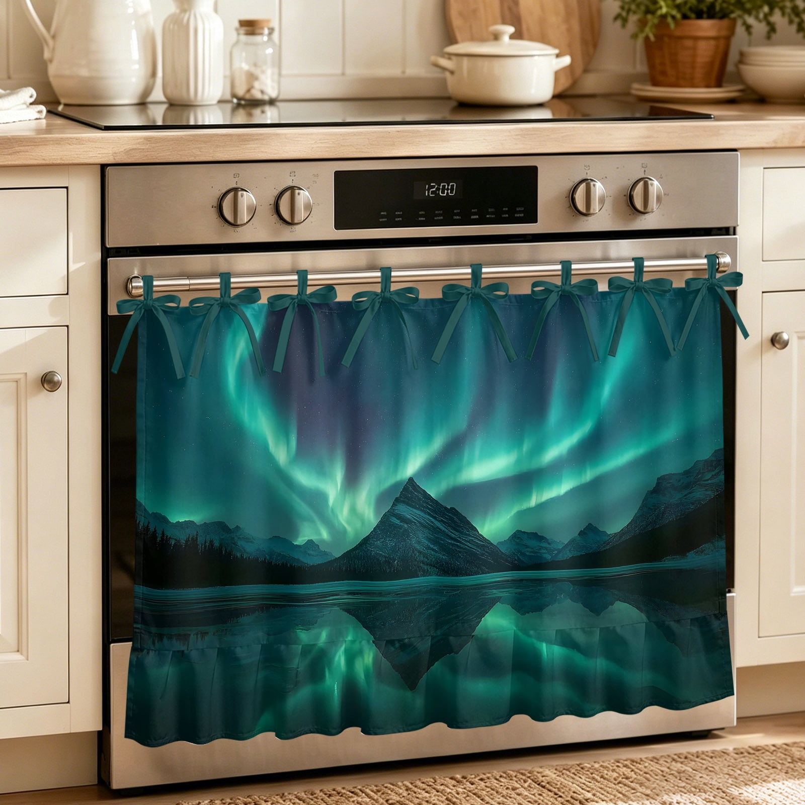 Night Sky Oven Skirt for Farmhouse Kitchen D&eacute;cor Winter Snowy Green Natural Light Mountain Oven Curtain Tie Top Decorative Stove Skirt Cabinet Dish Washer Curtains with 8 Ribbon Ties 27 x20