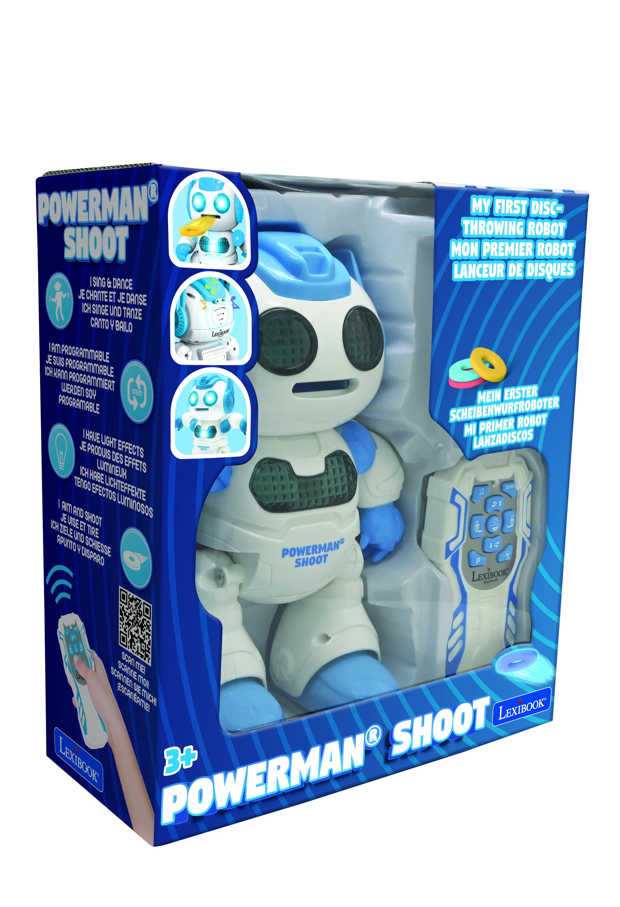 Lexibook, Powerman Shoot - My First Throwing-disc Robot, Programmable Remote Control Robot, Plays Music and Dances, Sound and Light Effects, 12 Foam Discs