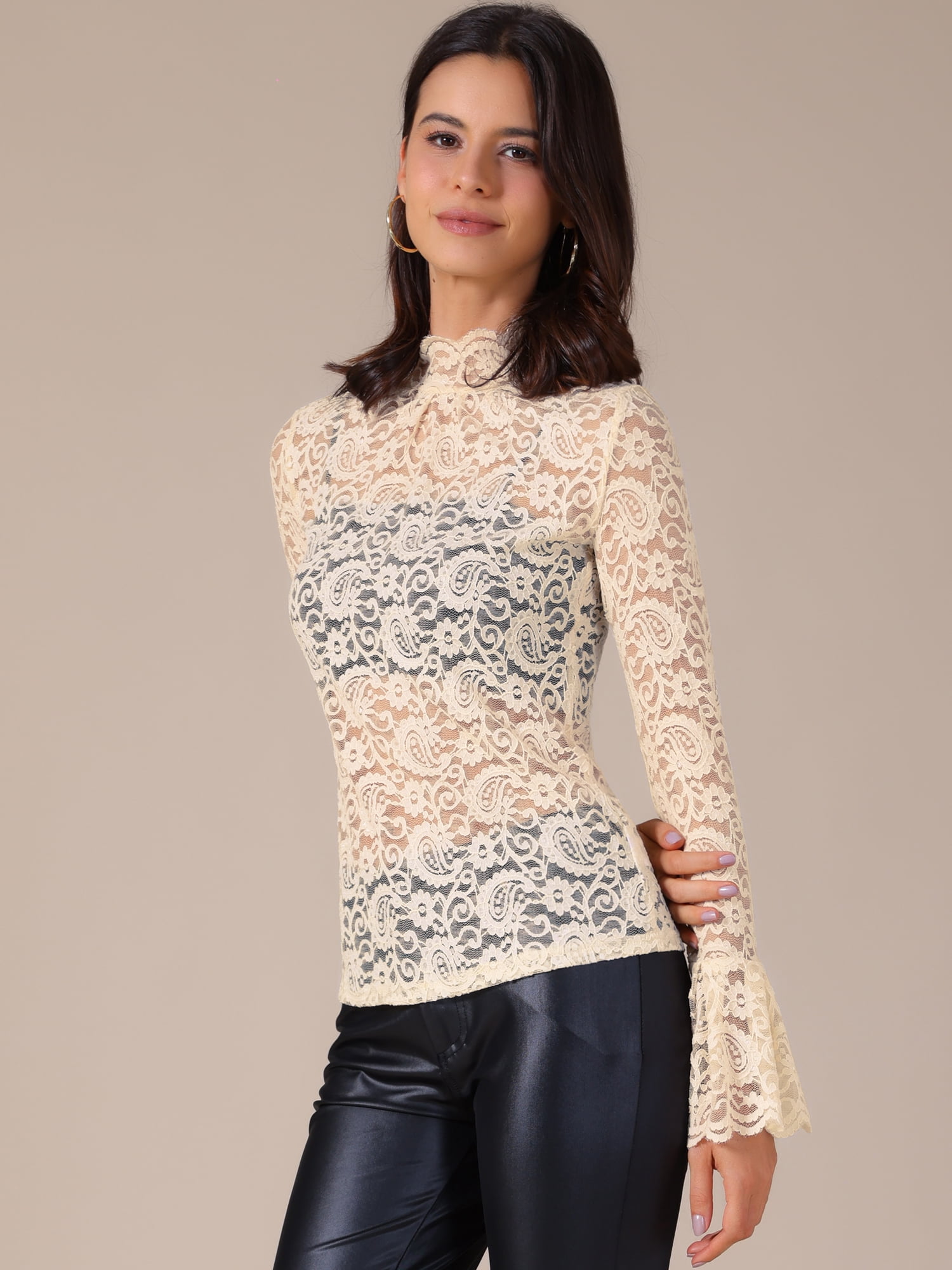 DARING DIVA Women's Lace High Neck Bell Long Sleeve Sheer Mesh Blouses XS Beige