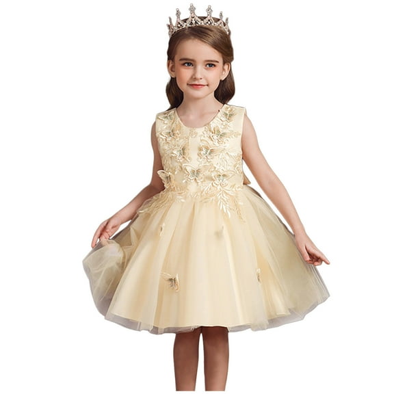 Gubotare Birthday Dresses for Girls Tulle Flower Girl Dress for Wedding Sparkly Appliques Pageant Dress Off Shoulder Ball Gown Party Dress (Light Yellow,Size 3-4 Years)