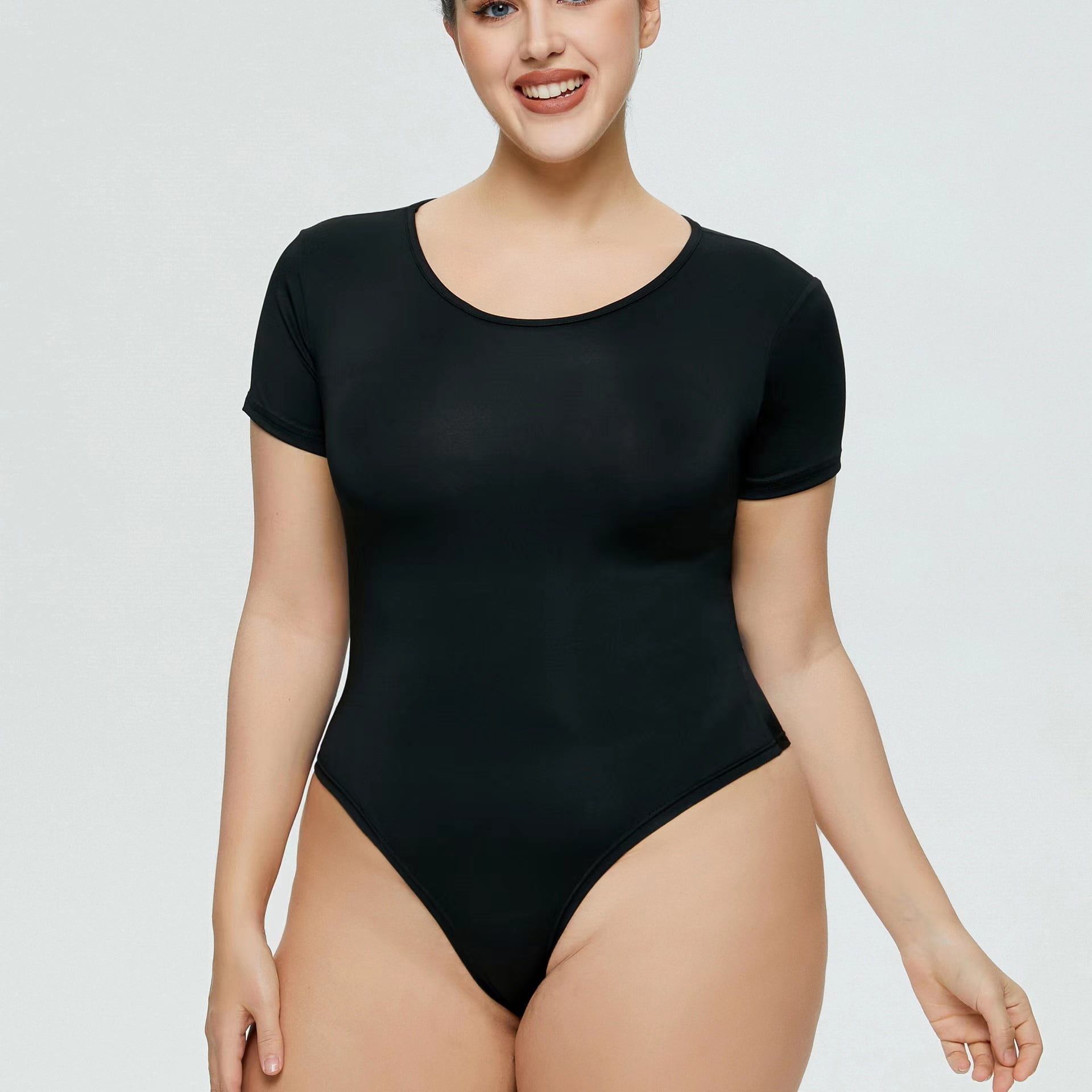 SOLY HUX Womens Plus Size Bodysuit Scoop Neck Short Sleeve T Shirts Skinny  One Piece Bodysuit Summer Basic Tops