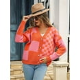 thumbnail image 6 of Womens Color Block Plaid Button Down Cardigan Long Sleeve Cable Knit Checkered Sweaters Tops Y2k Aesthetic Clothes Orange L, 6 of 10
