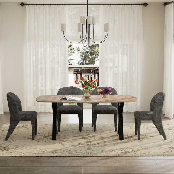 KATBOC Farmhouse Dining Table Set with 4 Chenille Chairs, 71in Rustic Wood Grain Table & X-Leg Design, for Kitchen Dining Room Family Gatherings, Gray