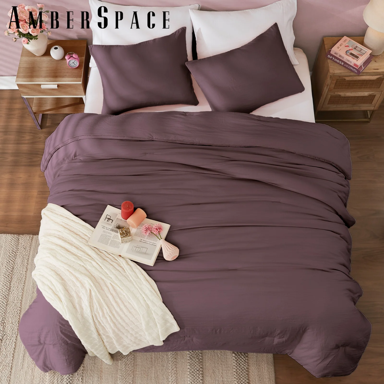 Amberspace Prewashed fabric 3-piece Bed in a Bag Comforter Set with Sheets,Deep Purple,King