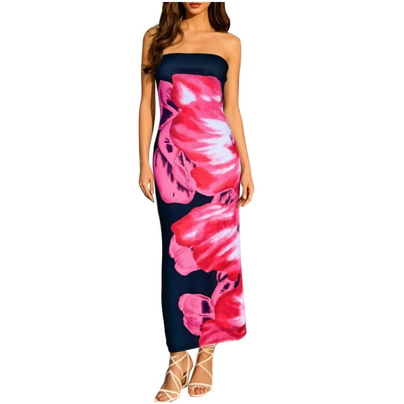 Youyipin womens dresses Women's Sexy Floral Print Strapless Maxi Dress Y2K Bodycon Tube Slim Fit Sleeveless Long Dress for Party Club summer dresses for women 2025