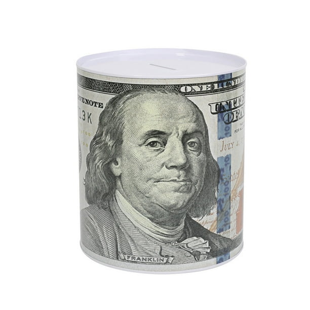 Banco de monedas de metal Piggy Bank con estampado de moneda local, 13,5 x 15 cm