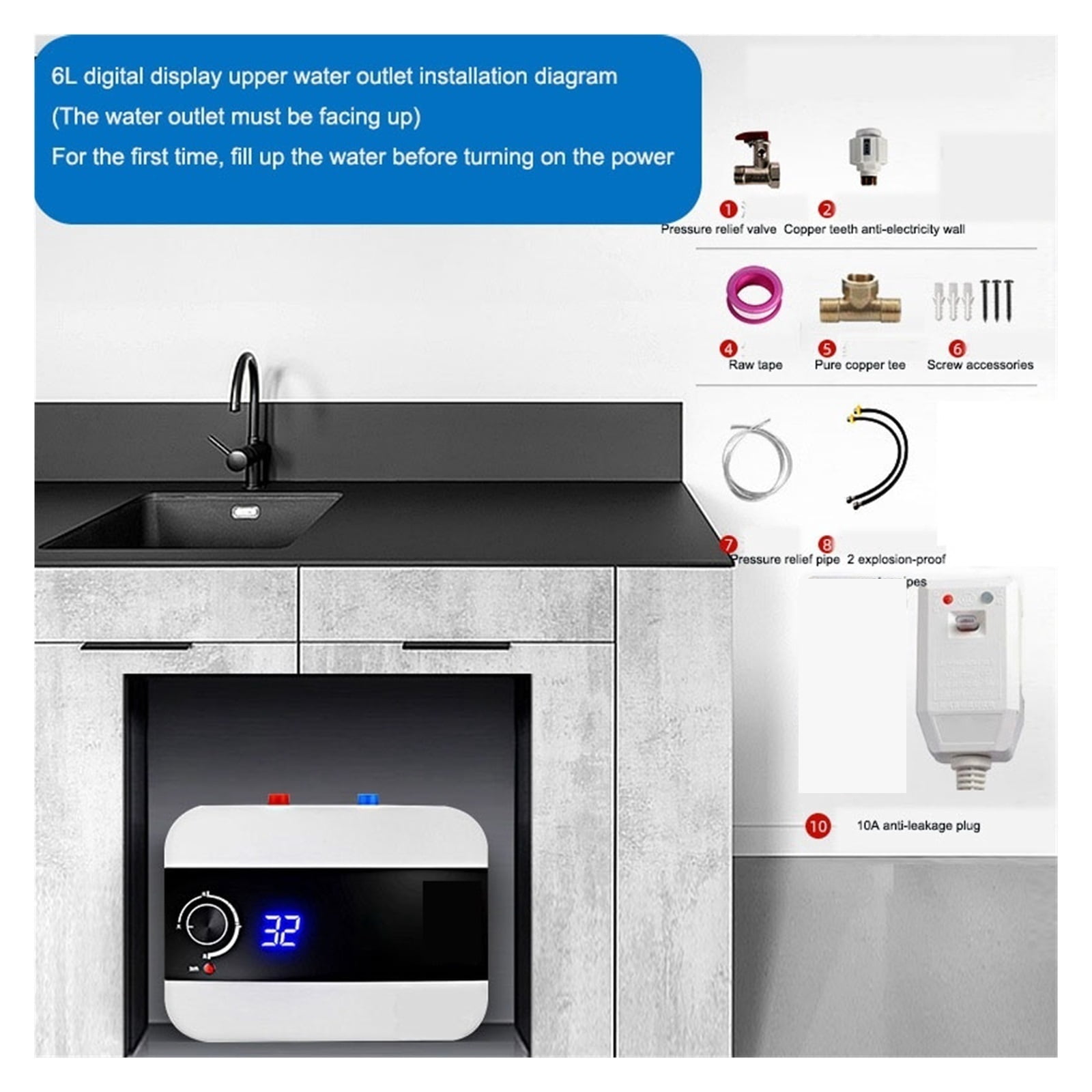 Electric Water Heater 10L Large Capacity Water Storage Type Kitchen Small Electric Water Heater That Is Hot For Washing Dishes ,Safety Protections