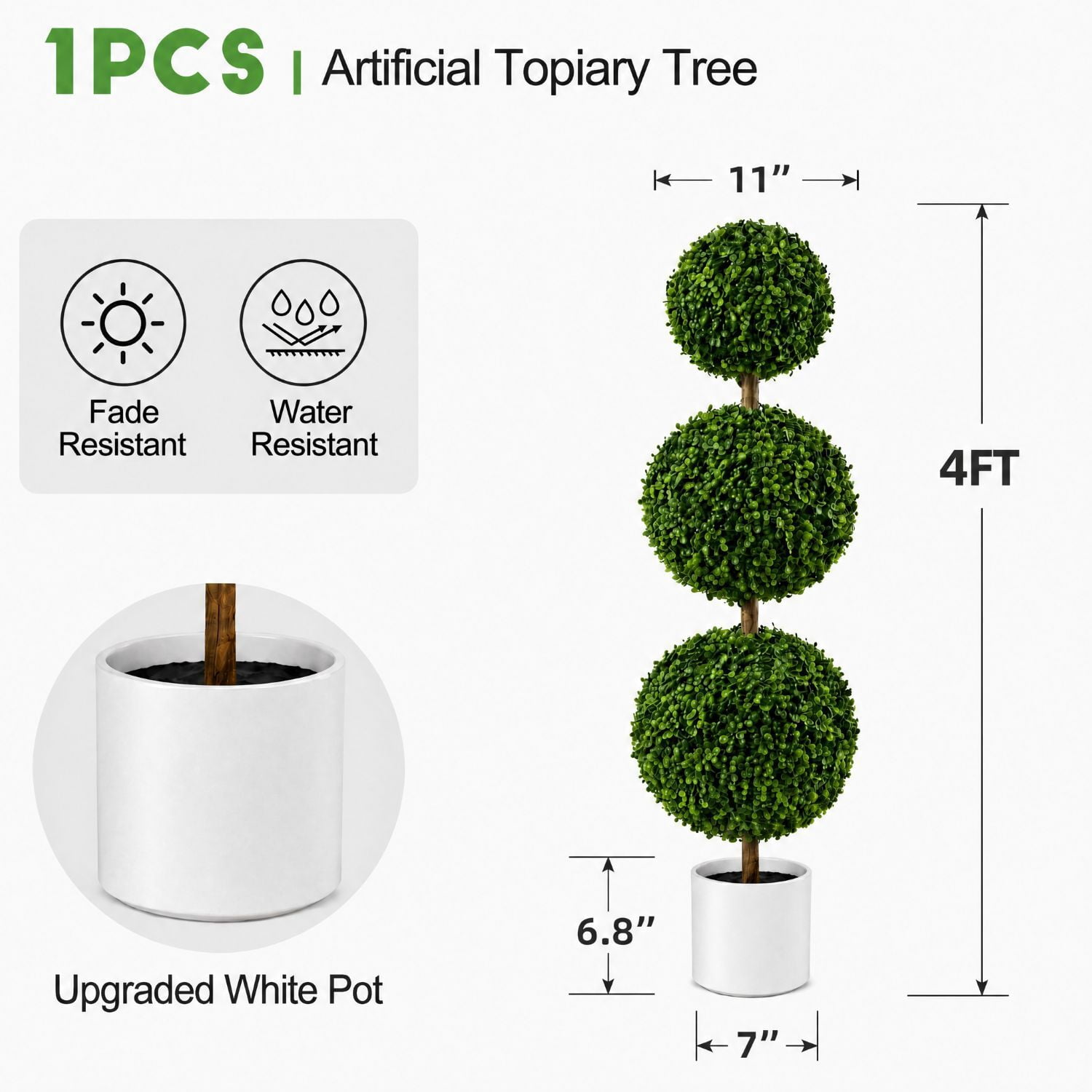 Easy4Home 4FT Artificial Triple Ball Boxwood Topiary Tree Potted Faux Floor Plant – Ready to Display
