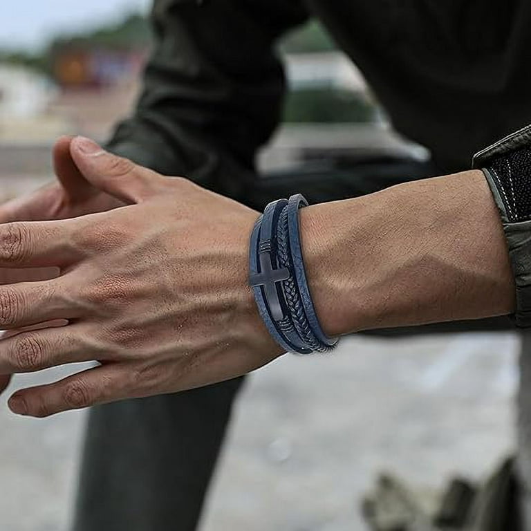 Mens Leather Cross Bracelet Multi-Layer Braided Faith Cross