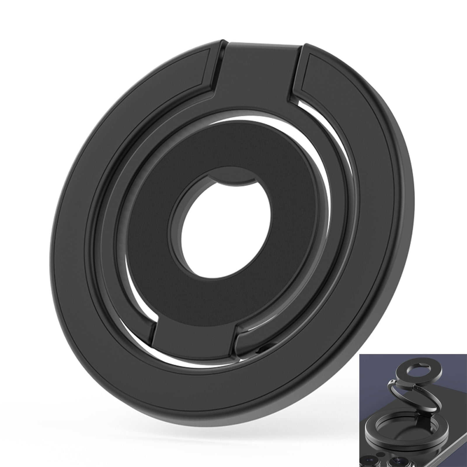 Dteck Double Magnetic Phone Ring Holder and Finger Grip Kickstand, Compatible with MagSafe, iPhones, Androids, and Car Mounts,Black