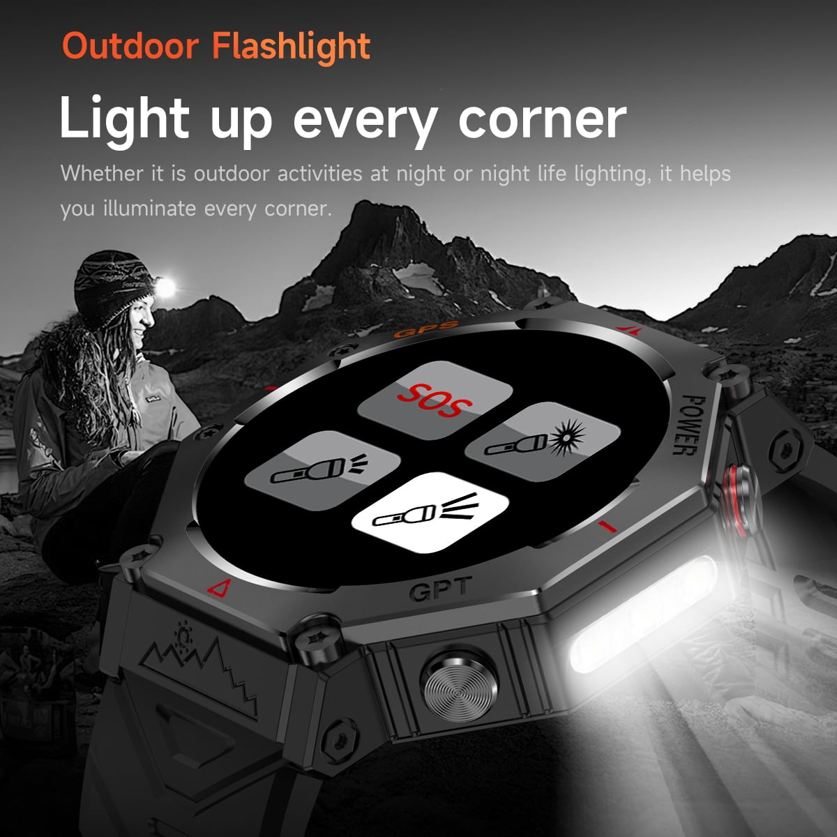 Rainbuvvy KC91 Smart Watch 1.39 Inch GPS 3ATM Waterproof Flashlight Message Notification for Android or iOS Sports Watch