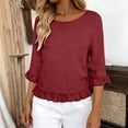 thumbnail image 2 of CAIVO Women Blouses Dressy Casual Linen Round Neck Ruffle Sleeve Loose 3/4 Sleeve O-Neck Solid Color Cozy Tops, 2 of 5