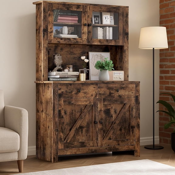 63 inch Tall Kitchen Pantry Cabinet with Drawers Hutch Glass Doors Adjustable Shelves Freestanding Microwave Stand and Storage Cabinet Brown