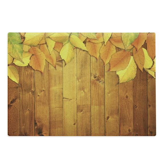 Fall Cutting Board, Colorful Vivid Seasonal Leaves on the Wooden Planks Natural Design Rustic, Decorative Tempered Glass Cutting and Serving Board, Large Size, Yellow Orange Green, by Ambesonne