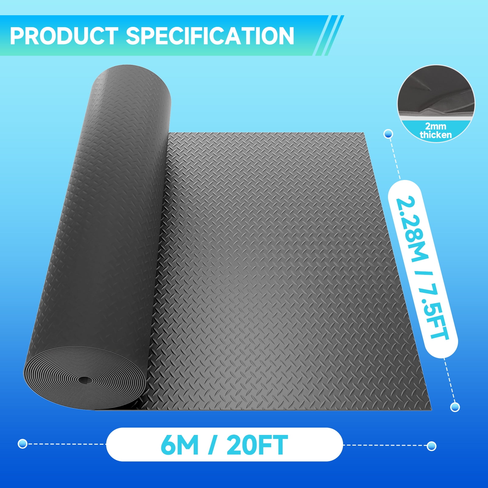 Garage Floor Mat, 7.5 x 20 FT Thickened Diamond Plate PVC Garage Mats Flooring Roll for Under Car, Garage Car Parking Mats for Sports Car，Compact SUVS，Silver
