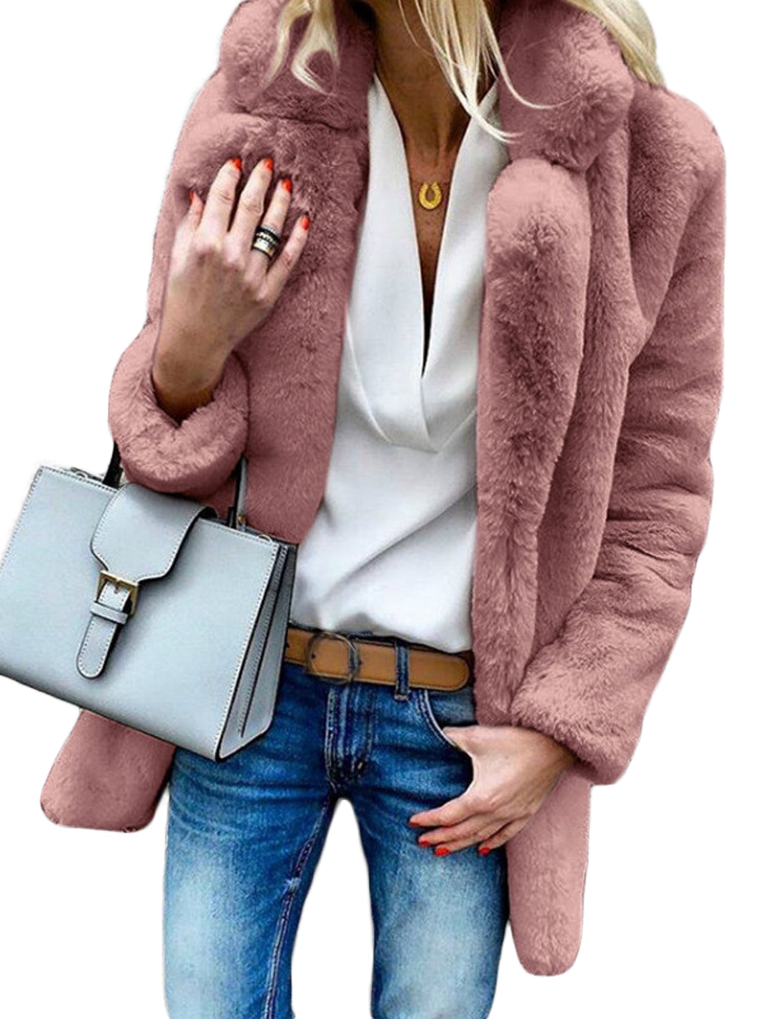 Lallc Women's Winter Teddy Bear Fleece Fur Coat Collar Cardigan Open