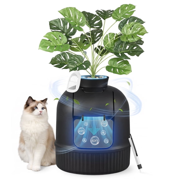 Feandrea Plant Cat Litter Box Enclosure with Artificial Plant, Enclosed Hidden Litter Box Furniture with Door, Pebbles, Scoop, Brush, Ink Black
