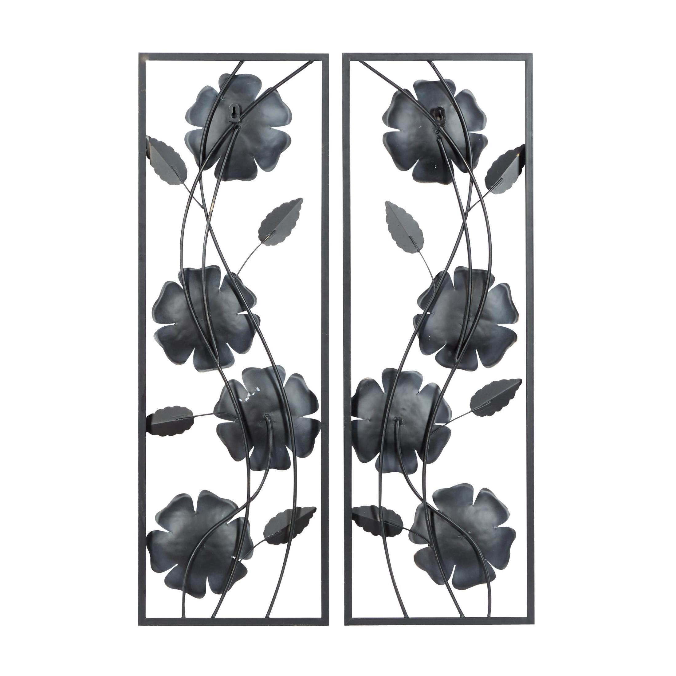 DecMode White Metal Dimensional Floating Floral Wall Decor with Black and Gold Accents (2 Count)