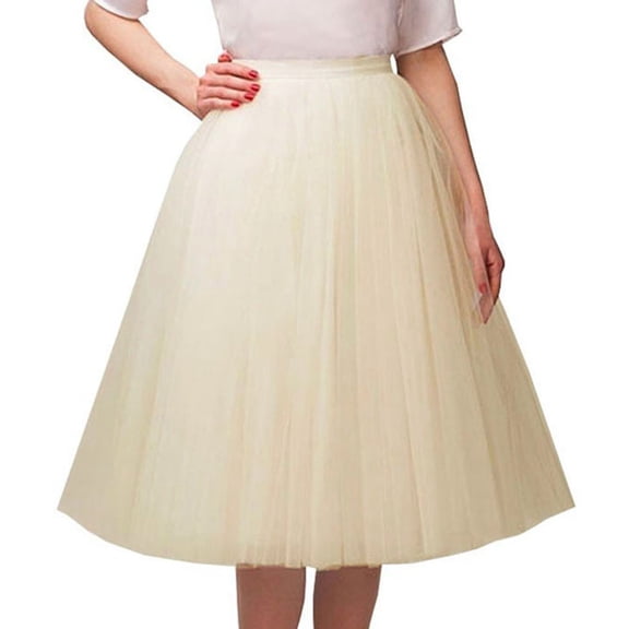 YMNXA Womens Skirt High Waisted Solid Color Knee Length Pleated Mesh Stylish Comfortable Tutu Skirt For Party Beige One Size
