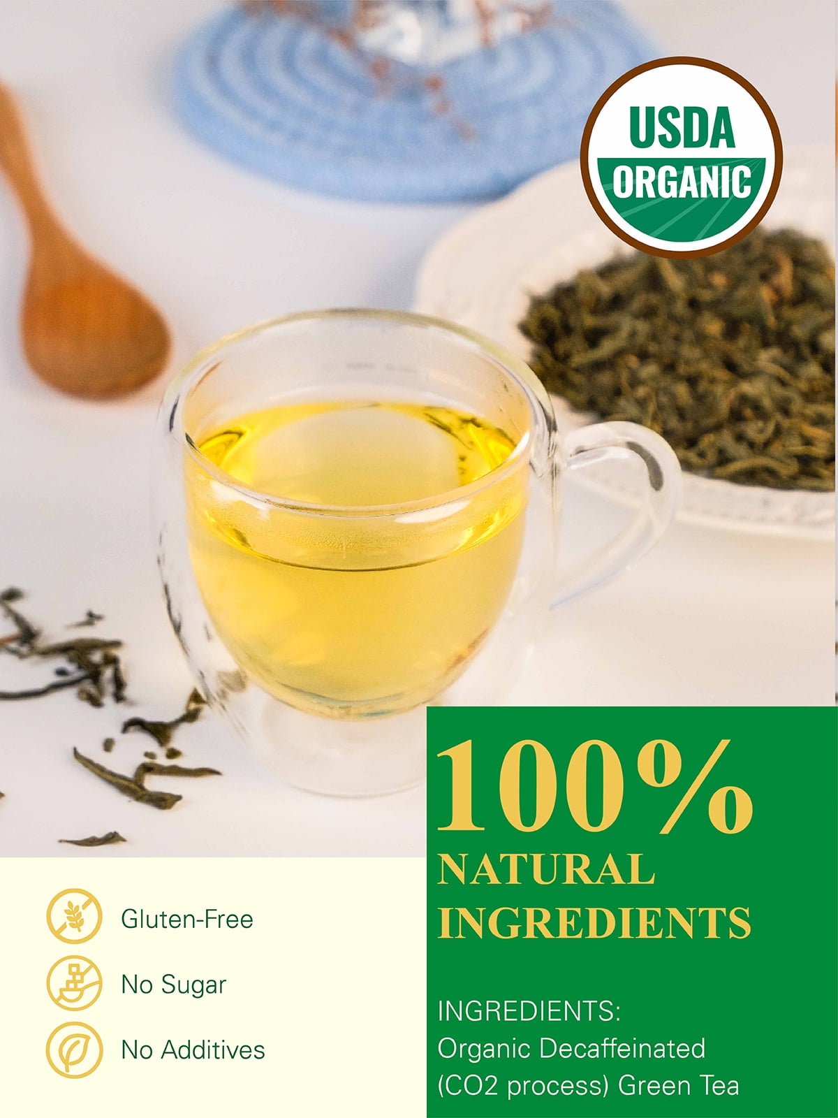 GLDNT Organic Decaf Green Tea, Organic Decaffeinated Green Tea Loose leaf, Delicate & Smooth Flavor, 16oz