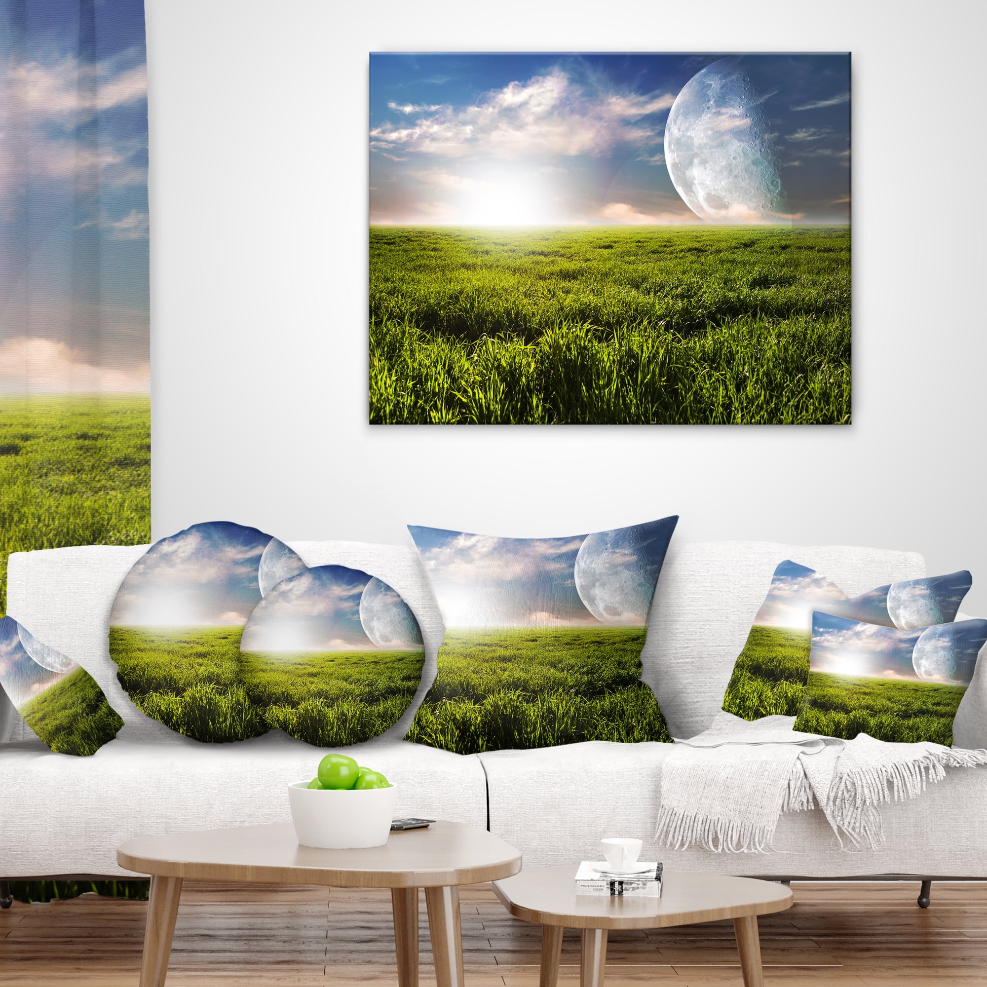 Designart Green Field under Bright Sunlight - Landscape Printed Throw Pillow - 16x16