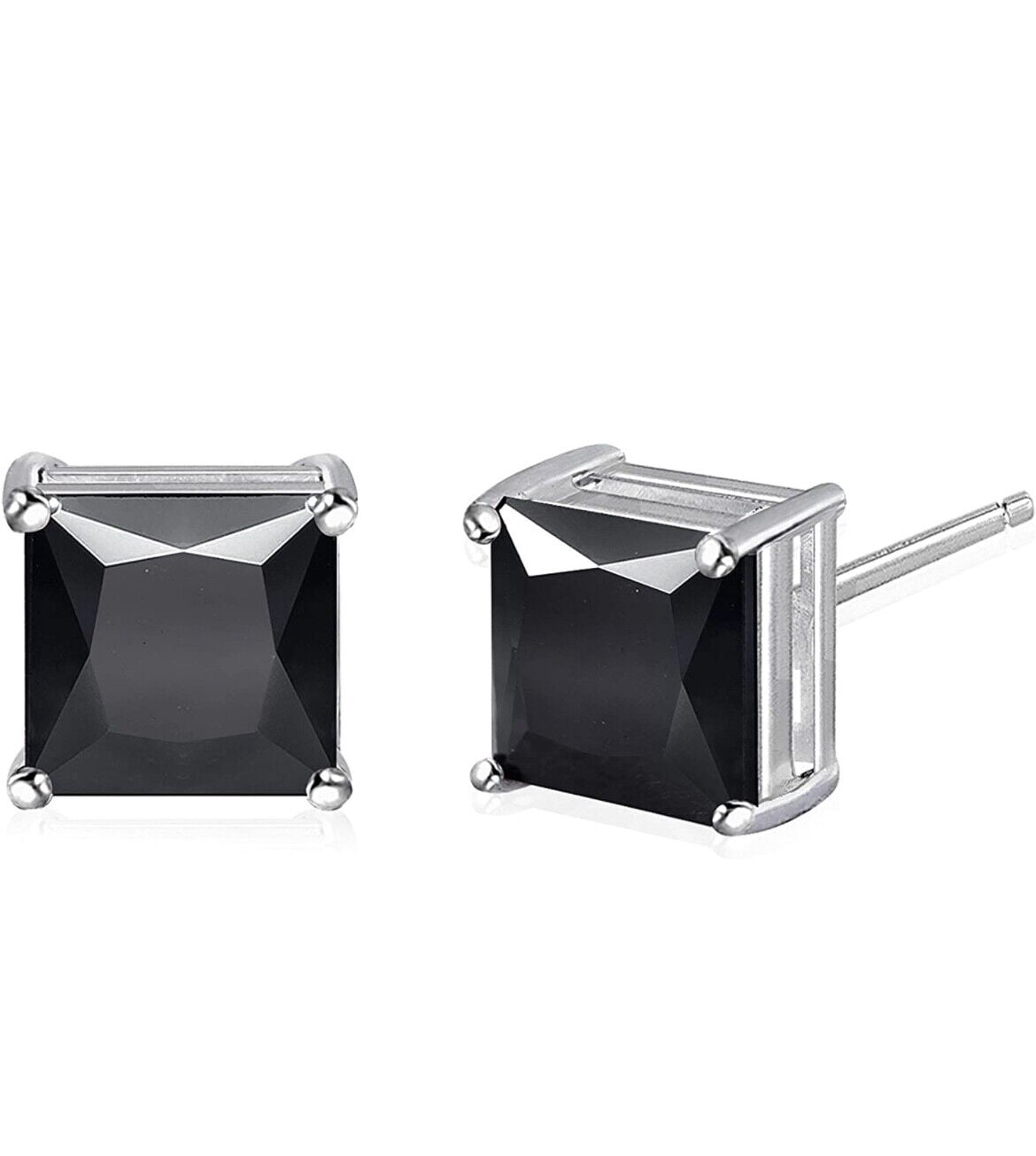 Divine Creation 1.20 Ct Princess Cut Black Diamond Push Back Mens Stud Earrings 14K White Gold Plated 925 Sterling Silver