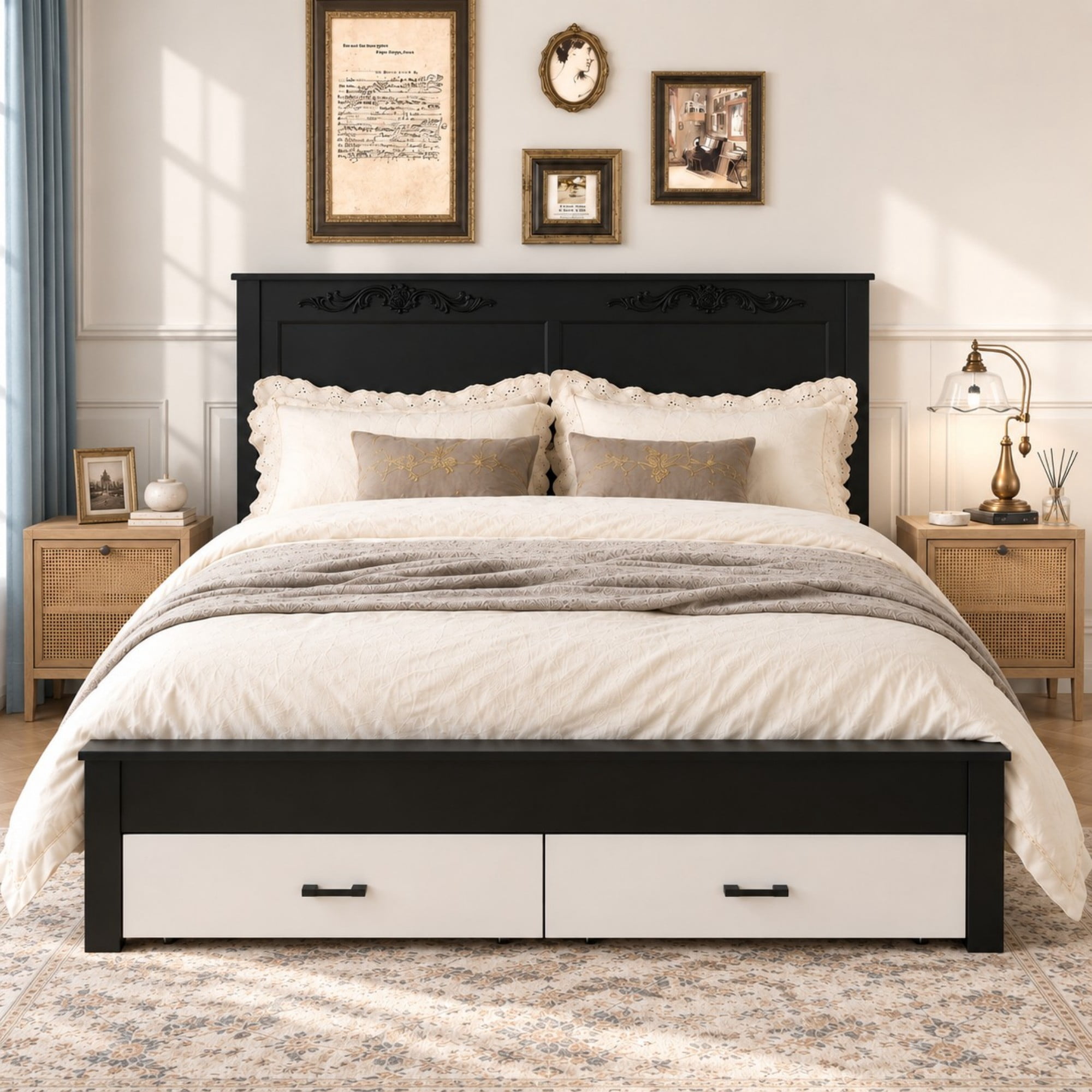 DEALTOPS Queen French Country Platform Bed Frame with Carved Headboard, 2 Drawers, No Box Spring, Two-Tone
