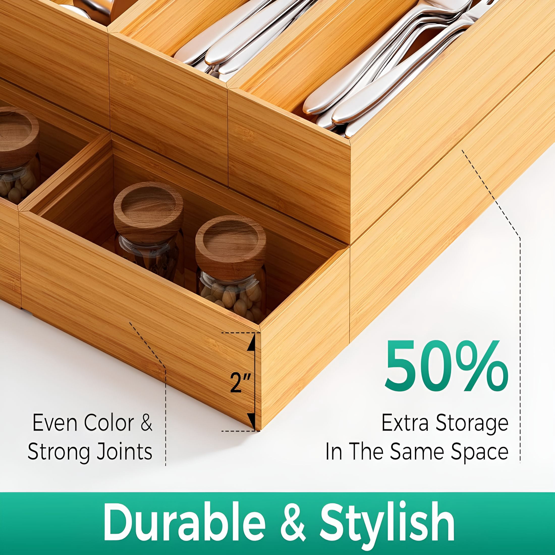 XIBUFE 2026 New Bamboo Kitchen Drawer Organizer Boxes – 15" X 6" Stackable Wood Silverware Utensil Tray for Drawers Bins,Cutlery&Flatware Storage – Wooden Organizers Set of 2 for Junk Drawer,Bathroom