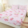 thumbnail image 3 of Manfei Girls Bowknot Queen Sheet Sets 4 Pieces, Cartoon Strawberry Bow Flat Sheet, Princess Style Queen Fitted Sheet, Purple Pink Lightweight Room Decor, 3 of 6