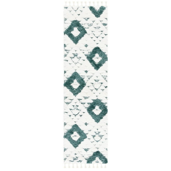 SAFAVIEH Moroccan Tassel Larry Geometric Shag Runner Rug, Green/Ivory, 2'3" x 8'