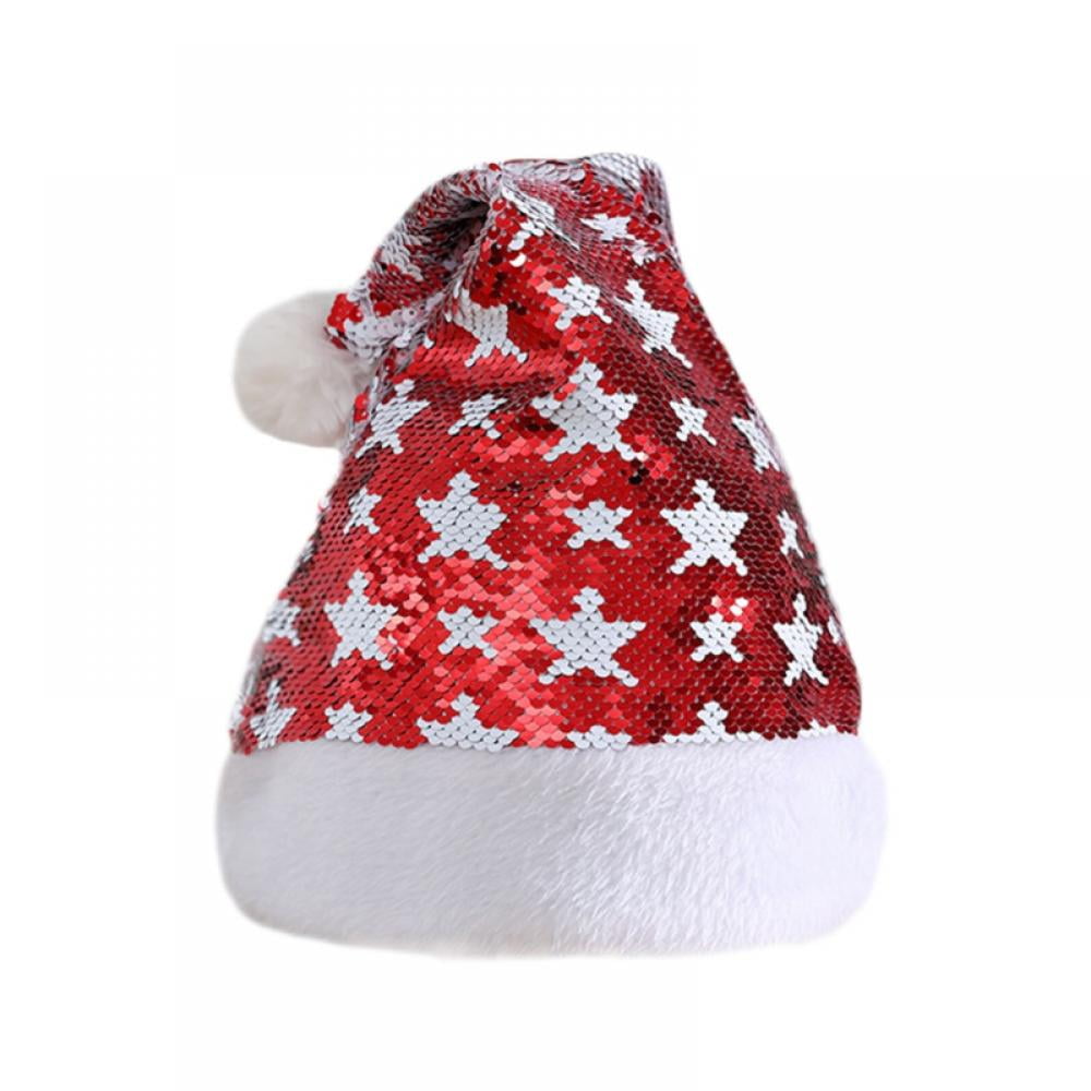 PACK OF 10 LUXURY SEQUIN CHRISTMAS SANTA HATS WHITE FUR AND POM POM 