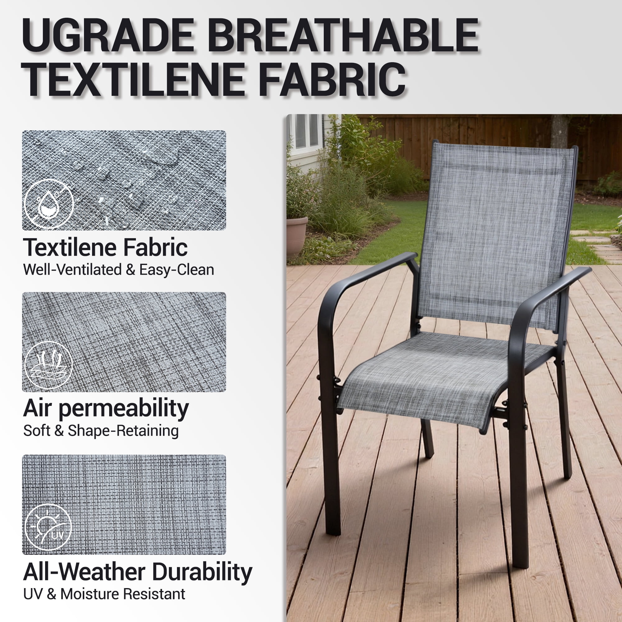 DELMANGO Patio Chairs Set of 4, Outdoor Dining Chairs High Back, All-Weather Padded Textilene Dining Chair for Lawn Porch Garden,Grey