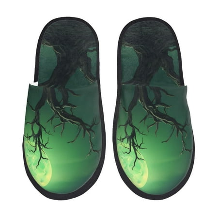 

Yiaed Green Night Sky Moon Branches Print Unisex House Slippers Slip on Warm Shoes Indoor Outdoor with Anti-slip sole-Large