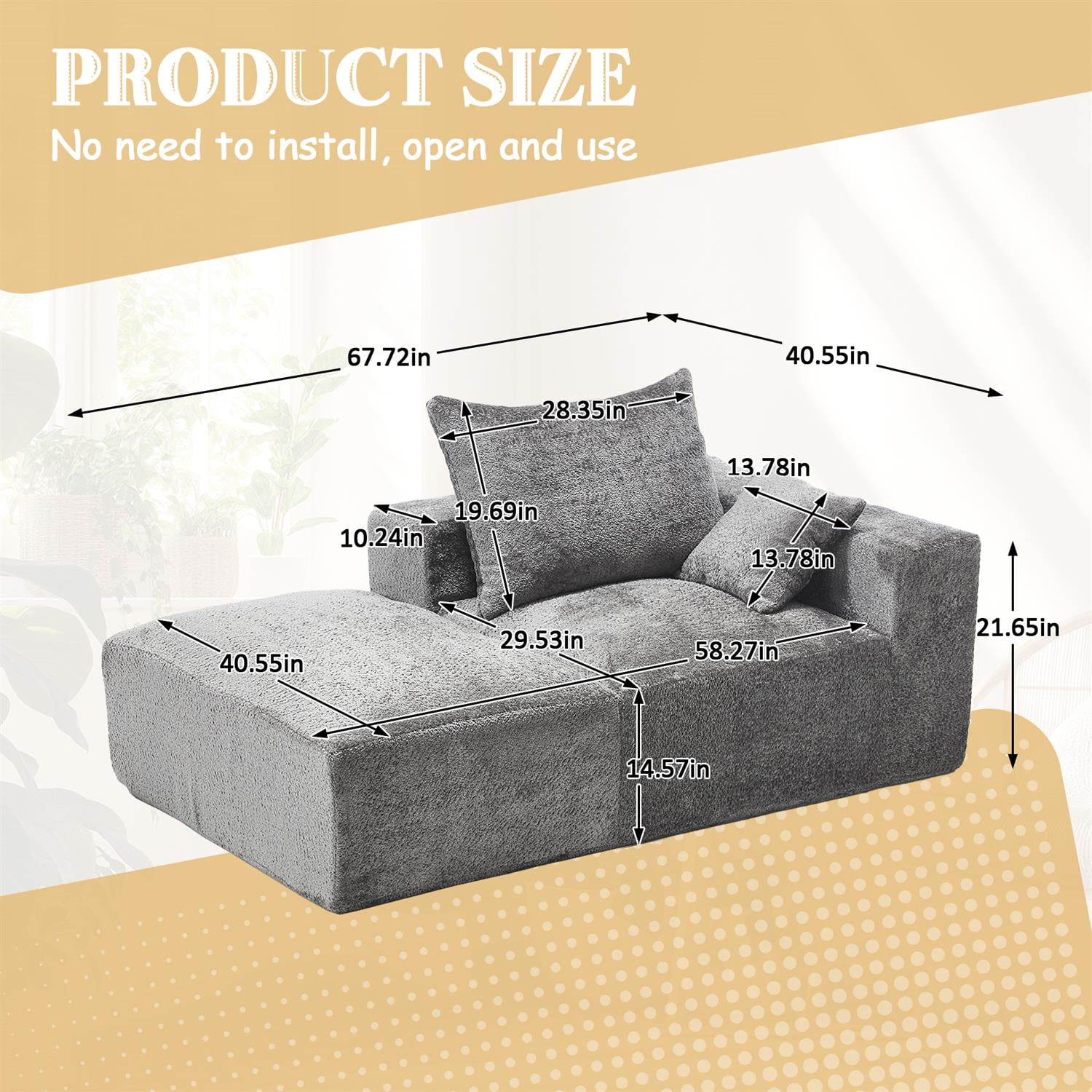 Demi Bonn 67" Memory Foam 2-Seater Sofa, Comfy Chenille Fabric Couch, No Assembly Needed, Portable Modern Deep Seat for Living Room, Bedroom, Apartment, Gray