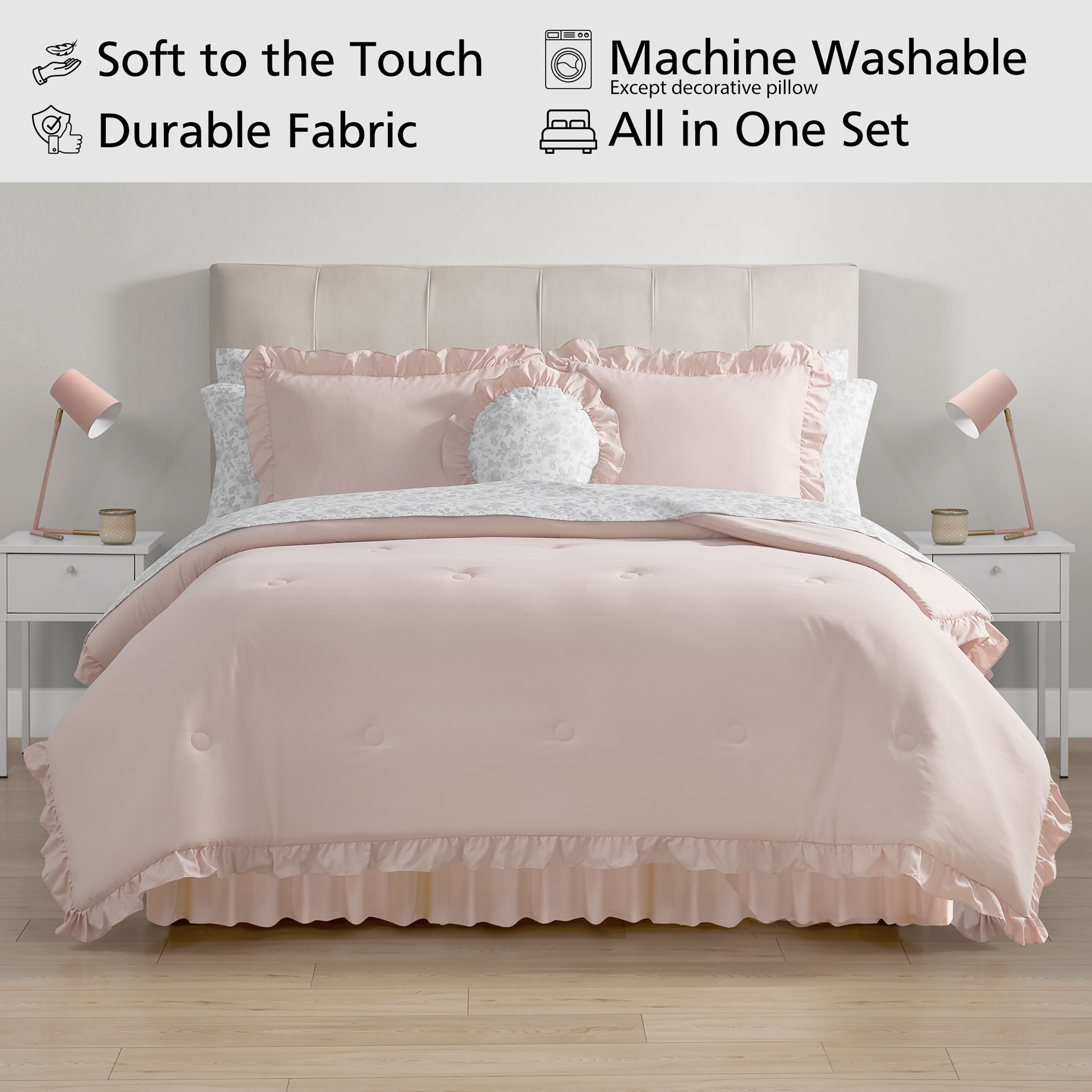 Mainstays All in One Reversible Comforter and Sheet Set- 11 Piece, King, Pink and Grey Ruffle